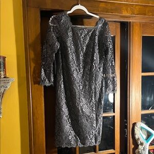 Adrianna Papell Charcoal Lace Long Sleeve Dress